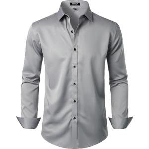 JEMITOP Men's Stretch Wrinkle Free Dress Shirt Formal Prom Wedding Long Sleeve Button Down Shirts (Large, Grey)
