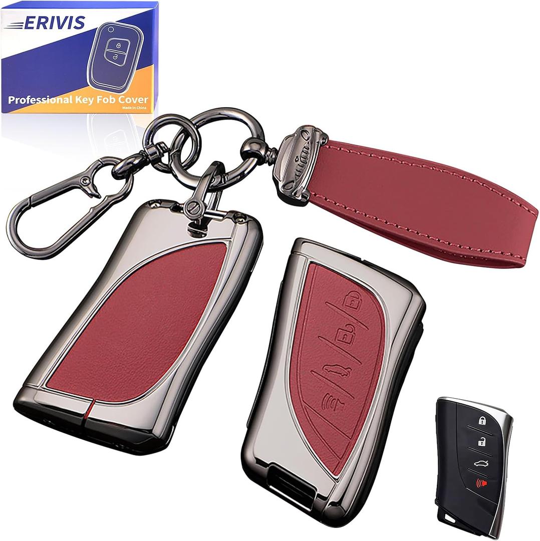 Metal & Leather Key Fob Cover with Keychain for Lexus RX NX TX ES 300 300h 350 GX 460 550 IS 250 LX UX LC LS 2024 2025 2026 Accessories, Full Protection Key Fob Shell Case, 4 Buttons (Red)
