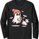 Retro Funny Ghost Walking Dog Spooky Season Halloween Long Sleeve T-Shirt L