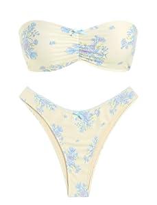 ZAFUL Bikini Sets for Women Strapless Ruched Bow Lace Trim Bandeau Swimsuit 2 Pieces Bathing Suits (Small, 2-Beige)