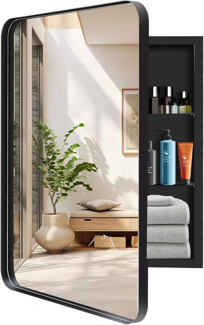 20" x 26" Black Bathroom Medicine Cabinet with Mirror, Recessed or Wall Mount Single Door Aluminum Alloy Framed, Bathroom Storage Cabinet with 2 Adjustable Glass Shelves