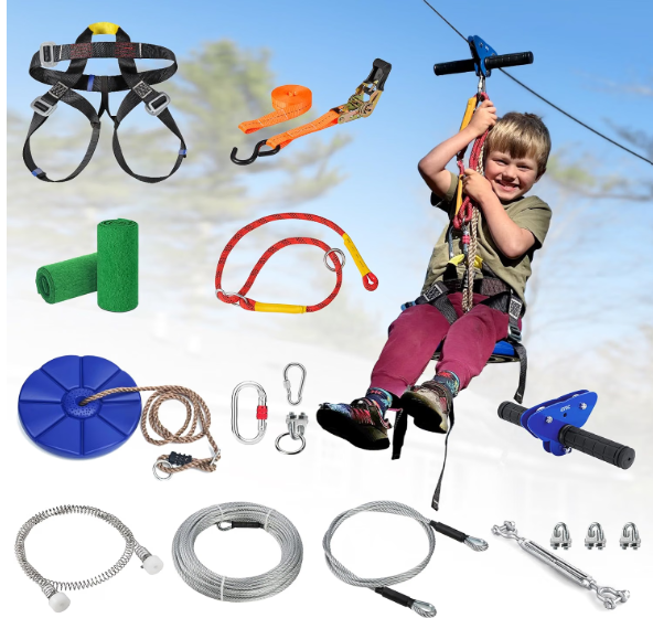 Zipline for Backyard Kids and Adults, Zipline Kit with Stainless Steel Spring Brake, Cable Tensioning Kit, Safety Harness, 2 Tree Protectors and Full Set of Zip Line Accessories with 1/4 inch Cable