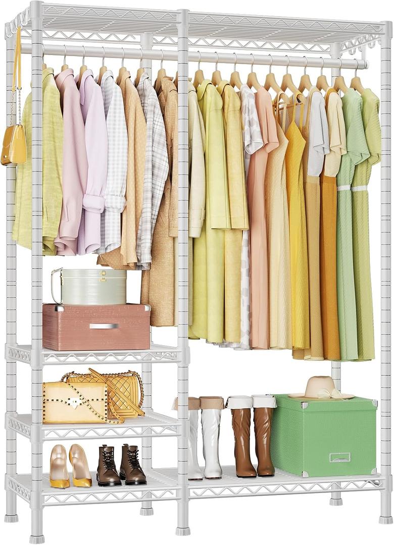 F4 Heavy Duty Clothes Rack (With Hanger Rod) Freestanding Clothing Racks for Hanging Clothes，Adjustable Closet Organizer System, Portable Garment Rack 45"W x 15.8"D x 71.3"H,Max Load 600LBS,White