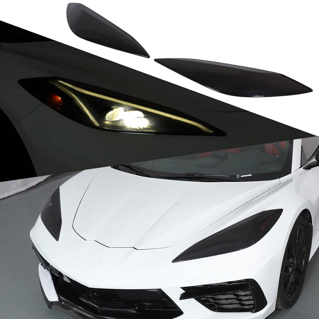 Front Headlight Lenses Cover Compatible with Corvette C8 Stingray Z06 E-Ray 2020-2023 2024 2025 ABS Smoked Front Head Lights Lamp Cover Guard Protection Decoration Kit (Smoked Black)