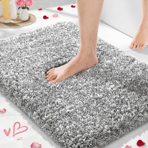 Yimobra Bathroom Rugs Non Slip Washable, Ultra Soft and Water Absorbent Bath Mats, Plush Fluffy Shower Mat Outside, Microfiber Thick Matts for Bathroom Floor/ Sink, 24x17, Light Gray and White