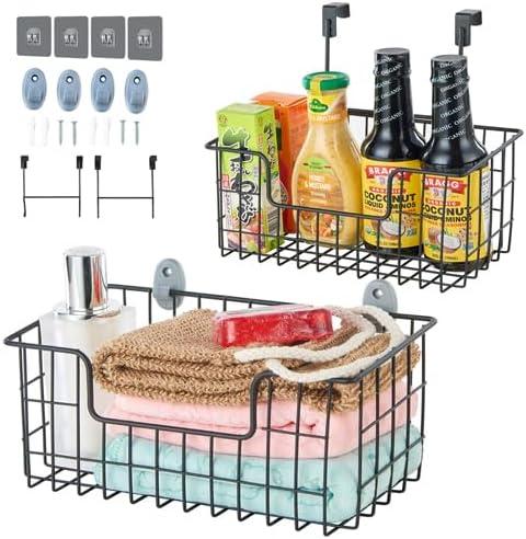 Wire Storage Basket 2 Packs, Wall Mounted Kitchen Bathroom, Hanging Cabinet Door Storage Basket, no Drilling, Supporting 2 Types of Hooks, Strong Bearing, Suitable for Home, Black