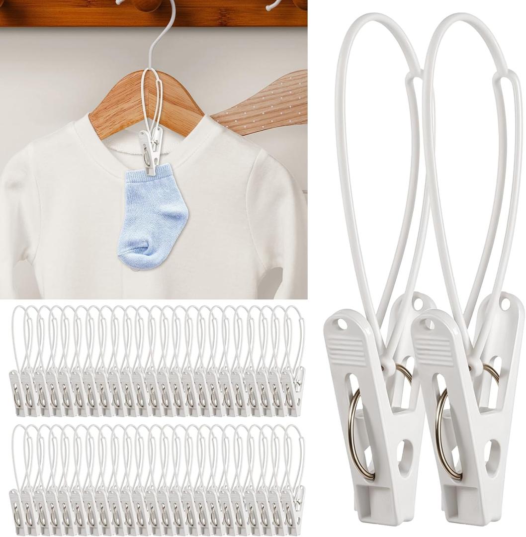 90 Pack Multi-Purpose Laundry Hooks Hanging Clips, Clothes Pins with Plastic Rope Hangers with Clips for Baby Clothes Pants Socks Towels Wardrobe & Kitchen Organization (White)