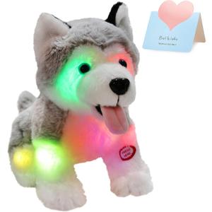 Athoinsu Light up Husky Dog Stuffed Animal Soft Glowing Plush Puppy Toy with Magic LED Night Lights Children's Day Birthday for Toddler Kids, 8''