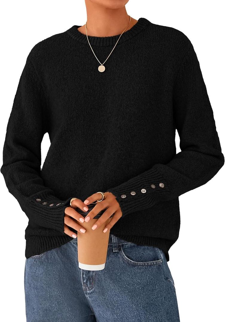 PRETTYGARDEN Fall Sweaters for Women 2026 Cozy Casual Crewneck Pullover Button Long Sleeve Knit Tops Winter Fashion Clothing (X-Large, Black)