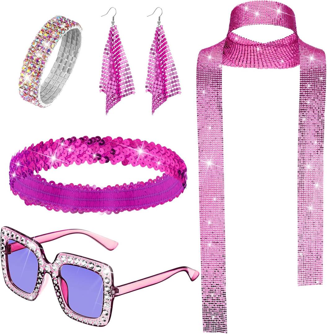 Sasylvia 5 Pcs 70s Disco Accessories Halloween Women Costume Jewelry Sequin Scarf Earrings Sunglasses Bracelet Headband (Rose Red)