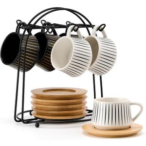 LUKA Ceramic Coffee Espresso Cups with Saucers Set with Metal Holder, 4 oz Porcelain Demitasse Cups For Espresso, Latte, Coffee, Cafe Mocha, Tea, Set of 6, Stripe White & Black