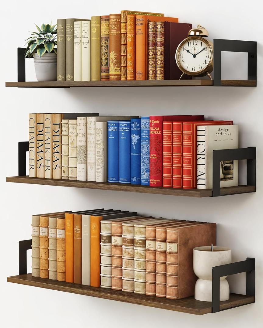 Harwaya Floating Book Shelves for Wall 3-Pack, 24 Inch Long Wall Mount Bookshelf for Bedroom, Rustic Farmhouse Wood Hanging Bookshelves for Living Room Office Books Plants (Dark Brown)