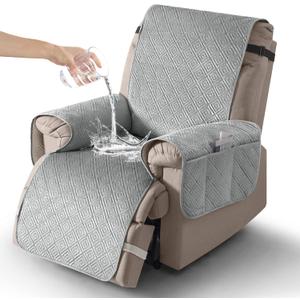 Timeles Velvet Recliner Chair Cover, 100% Waterproof Recliner Covers That Stay in Place with Pocket for Pets & Dogs (Medium: 23",Light Gray)
