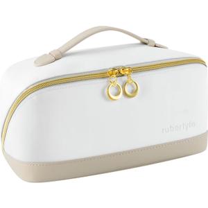 rubertyle Travel Makeup Bag, Large Capacity Cosmetic Bags for Women, Waterproof Portable Pouch Open Flat Toiletry Bag Make up Organizer with Divider and Handle (khaki)