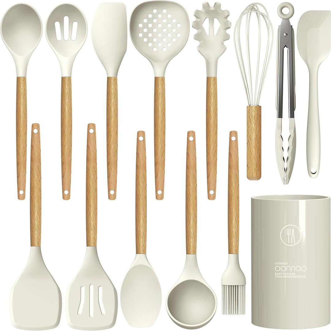 oannao Silicone Cooking Utensils Set - 446F Heat Resistant Silicone Kitchen Utensils for Cooking,Kitchen Utensil Spatula Set w Wooden Handles, BPA FREE Gadgets for Non-Stick Cookware (Khaki)