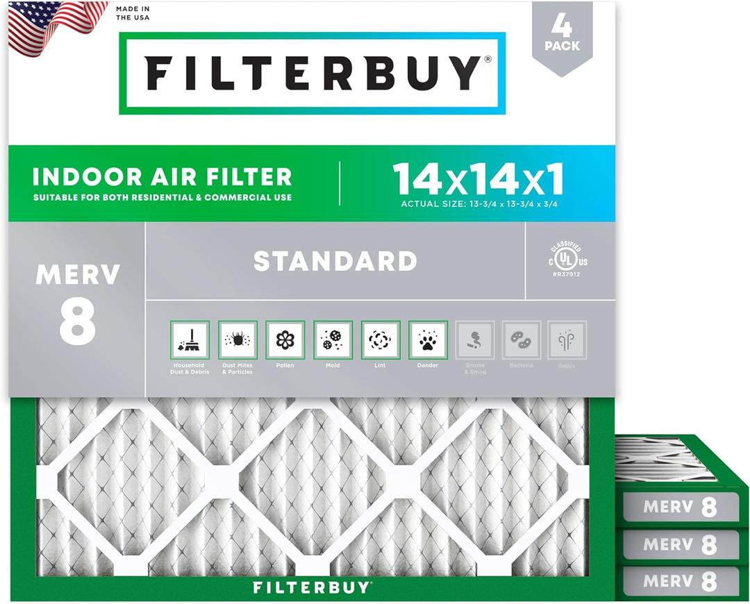 Filterbuy 14x14x1 Air Filter MERV 8 Dust Defense (3-Pack), Pleated HVAC AC Furnace Air Filters Replacement (Actual Size: 13.75 x 13.75 x 0.75 Inches)