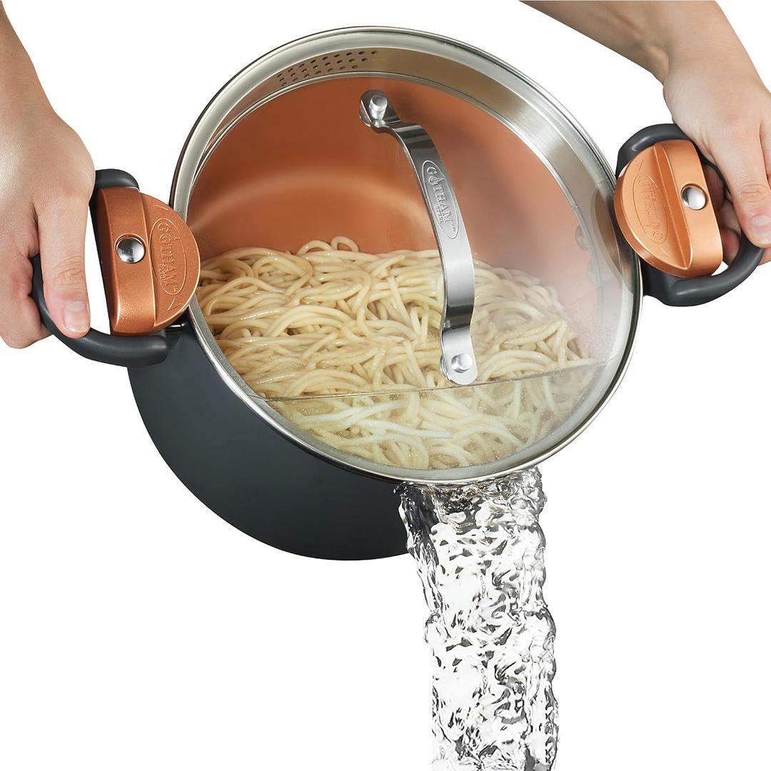 Gotham Steel 5 Quart Stock Pot Multipurpose Pasta Pot with Strainer Lid & Twist and Lock Handles, Nonstick Ceramic Surface Makes for Effortless Cleanup with Tempered Glass Lid, Dishwasher Safe (Graphite)
