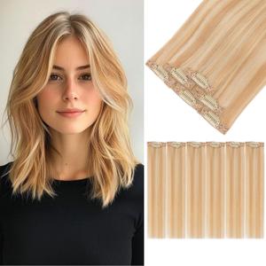 S-noilite 6Pcs Clip in Human Hair Extensions,Remy Single Short Clip in Hair Extensions 6Pcs 6clips Straight Ash Blonde/Dark Blonde Seamless Hairpieces for Women 10Inch 31g