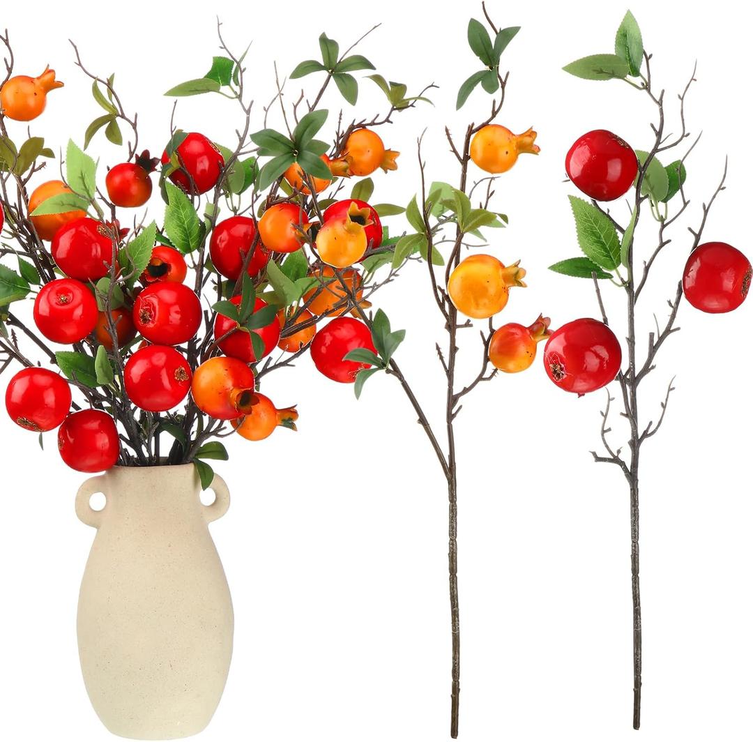 Giegxin 8 Pcs Rosh Hashana Artificial Pomegranate Apples Branches Realistic Fruit Bouquet Red Pomegranate Apple Stems Highly Simulation Lifelike Model for Vase Home Party Decoration DIY Floral Crafts
