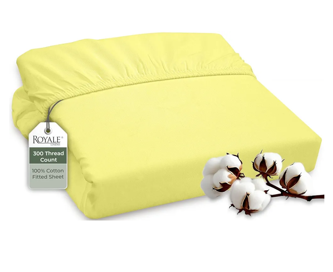 ROYALE LINENS 300 Thread Count 100% Long Staple Combed Cotton Fitted Sheet Twin - Super Soft Deep Pocket Bottom Sheet - Fitted Sheets Only - Elastic Sheets (Twin, Yellow)