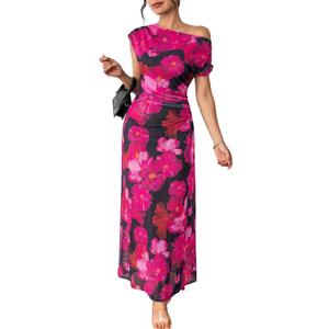 BLENCOT Women's Floral Off Shoulder Maxi Dress Ruched Bodycon Summer Wedding Guest Party Gown Small, Rose