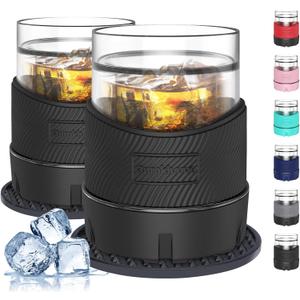 Ourokhome Whiskey Freeze Glasses, Patent Plastic Ice Chiller for Bourbon, Scotch, White Wine, 5 oz Insulated Liquor Tumbler for Men and Women, 2 Sets, with 2 Silicone Cup Mats, Black