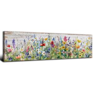 Rustic Wildflower Wall Art Colorful Farmhouse Floral Scenery Picture Decor Watercolor Flower Landscape Wood Grain Prints Painting Artwork for Living Room Office Bathroom Bedroom Home Decoration 14x48"