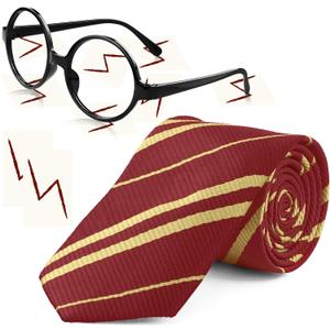 Novelty Cosplay Tie Wizard Glasses with Round Frame No Lenses Lightning Tattoos for Birthday Party Costume Accessories Necktie Halloween Party (Red Tie+Glasses+Tattoos) (DYDY-011)