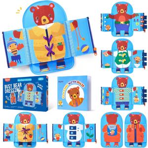 JoyCat Dressing Busy Book for Toddlers 2-4, Montessori Toy with 7 Real Dressing Skills, Fine Motor Skills Toy, Travel Toys for Toddlers, Sensory Life Skills Preschool Learning Gift