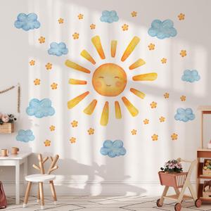35.4 11.8 Inch Sun Clouds Wall Decal Watercolor Mural Modern Vinyl Removable Peel Stick Sticker for Nursery Room Playroom Living Room Bedroom Decor