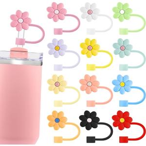 Velaco 12PCS Silicone Straw Covers Cap Compatible with Stanley 30&40 Oz Cup, 10mm Cute Flower Straw Toppers for Tumblers, Dust-Proof Drinking Straw Caps for Reusable Straws Tips Lids