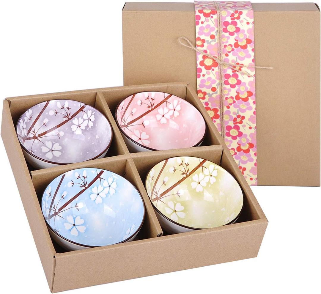 VanEnjoy Set of 4 Japanese Style Ceramic Rice Bowl with Gift Box,Assorted Phum Colors Flowers Pattern Bowls Set,Underglazed Dinnerware,For Dessert Snack Cereal Soup