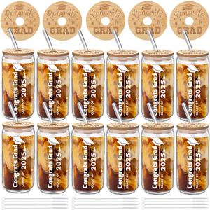 Tioncy 12 Pcs Class of 2025 Graduation Gifts Glass Cups with Bamboo Lids and Straw for Her Him, Congrats Grad College Masters Degree Graduation Gifts, 16 oz 2025 Can Shaped Glass Cup