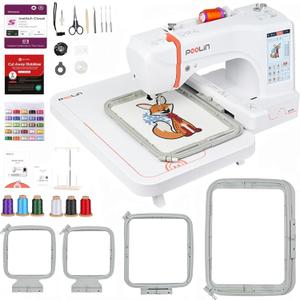 POOLIN EOC06 Embroidery Machine,7" Touchscreen,7.9"x11" Hoop Area,Computerized Home Embroidery Machine for Beginners Gifts,200 Built-in Designs,USB & Wireless,Software,4 Hoops,Thread,Bobbin,Stabilizer