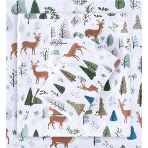 Viviland Christmas Holiday Twin Sheet Set - 4 Piece Forest and Deer Patterned Bed Sheets Set - Soft, Breathable Microfiber Sheets with Deep Pocket, Non-Slip Fitted Sheets & Pillowcases
