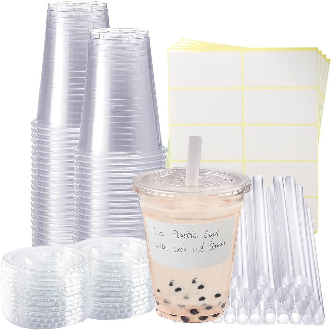 50 Sets Clear Plastic Cups With Flat Lids,16oz Disposable Iced Coffee Cups with Straws and Stickers,Plastic Cups for Iced Coffee,Cold Drinks,Juice, Bubble Boba Tea,Smoothie, Milkshake, 200 Piece Set