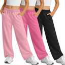 3 Pack Girls Sweatpants Elastic Waist Wide Leg Pants with Bow Kids Casual Loose Joggers with Pockets 13-14 Years