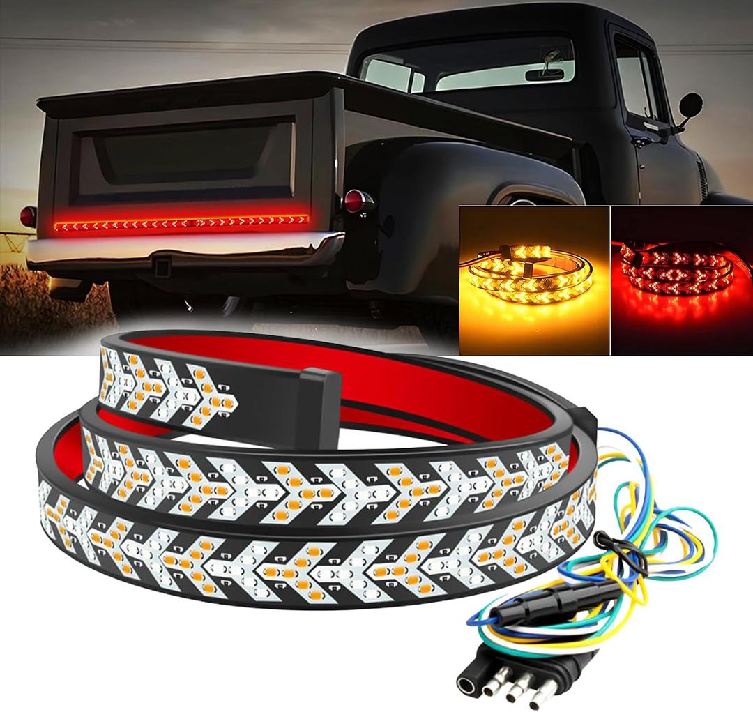 60 Inch LED Tailgate Light Bar Strip, Strobe Tail Light Strips LED Bar Brake Reverse Turn Signal LED Strips, Red & Amber Sequential Lighting, Waterproof Flexible Tailgate Lights for Trucks Pickup Van