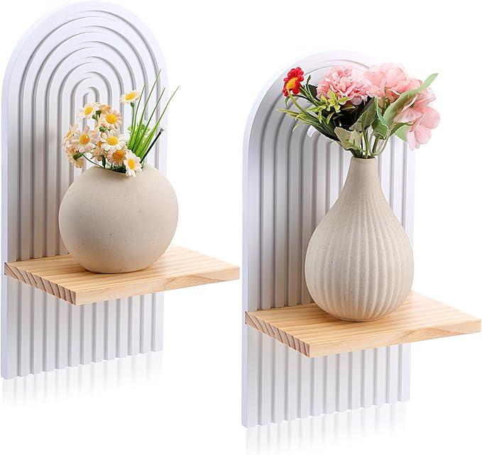 Ubamdom 2 Pcs Wooden Boho Shelf Wall Decor, Bohemian Floating Shelves, White Arch Wall Shelves for Nursery Bedroom Living Room Mid Century Hanging Shelf