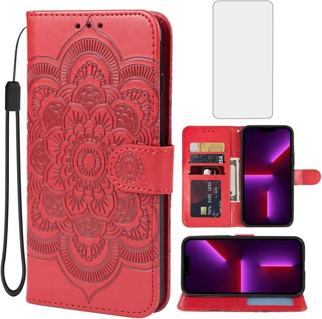 Bohefo Case for iPhone 13 Case, iPhone 14 Wallet Case with Tempered Glass Screen Protector, Embossed Mandala Leather Flip Credit Card Holder Stand Phone Cover Cases for Apple iPhone 13 Red