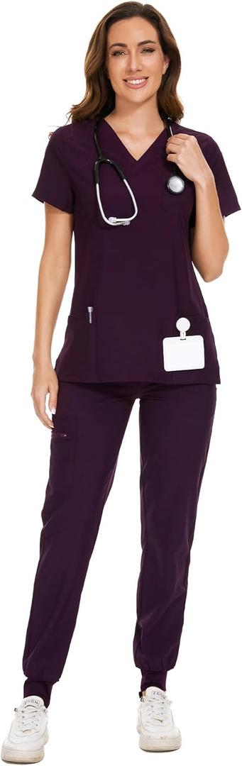 COZYFIT Scrubs for Women Set - Stretch V-Neck Scrub Top & Jogger Pant with 8 Pockets (Large, Dark Purple)