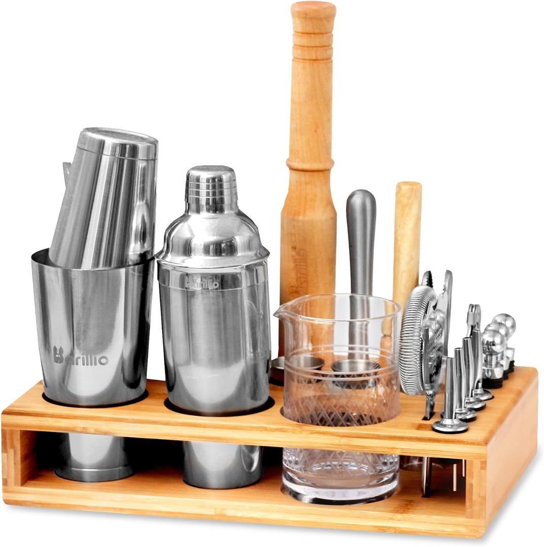 Barillio Bar Tool Set Pro Edition Bundle w/Bamboo Bar Tool Stand - 33-Pc Bar Set Essentials - Stainless-Steel Cocktail Shaker Set - Mixology Bartender Kit w/Boston Shaker, Drink Mixer for Cocktails