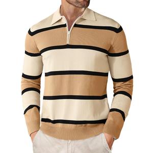 EDITCOZY Men Long Sleeve Polo Shirts Casual Vintage Striped Golf Shirts Knit Rugby Shirt Lightweight Polo Sweater Apricot M