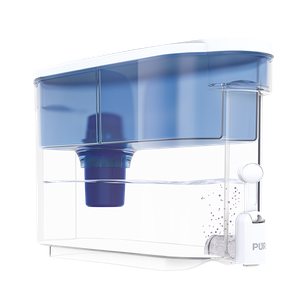 PUR 30-Cup Countertop Water Filter Dispenser, 1 Genuine PUR Filter, 2-in-1 Powerful Filtration, Lasts 2 Months or 40 Gallons, Dishwasher Safe, White/Blue