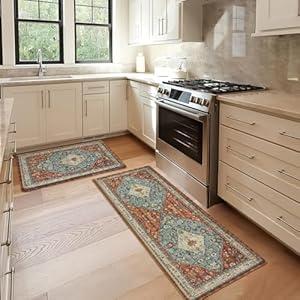 Collive Boho Kitchen Mat, Cushioned Anti Fatigue Kitchen Rug Set 2 Piece Non-Skid Waterproof Kitchen Mats for Floor, Comfort Heavy Duty Standing Mat for Kitchen, Laundry, Office, Desk(Blue) (17.3"x47"+17.3"x30"--0.47 inches)