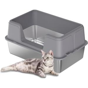 Stainless Steel Litter Box with Lid, Extra Large High Sided Cat Litter Trays, Litter Box with Anti-Slip Cat Litter Mat and Scoop Easy Clean Detachable (grey 1)