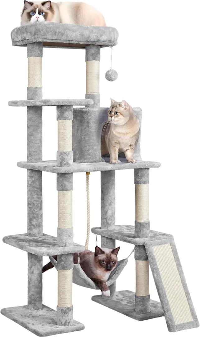 Yaheetech Cat Tree Cat Tower, 63in Multi-Level Kitten Tree for Indoor Kitty, Pet Condo Furniture with Scratching Posts, Large Top Perch, Hammock, Tall Climbing Stand for Kitty Play (Light Gray)