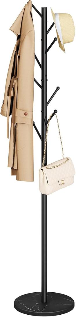 Yoobure Coat Rack Freestanding with Natural Marble Base - Coat Tree with 8 Hooks Heavy Duty Coat Hanger Stand, Metal Coat Rack Stand for Jacket, Hat, Clothes & Bag, Hall Tree Hat Rack for Entryway (Black)