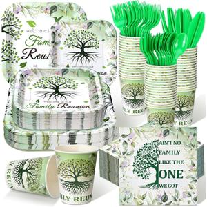 350 Pcs Family Reunion Paper Plates and Napkins Set 9 Inch 7 Inch Disposable Durable Dinnerware Gathering Tree Party Supplies Tableware Serve 50 Guest Cups Knife Forks Spoon