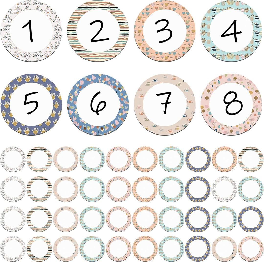 Tondiamo 48 Pcs Numbers Magnetic Accents Round Whiteboard Magnets for Classroom Colorful Circle Blank Magnets Labels, 8 Colors (Boho Style)